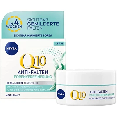 Obrázek NIVEA Q10 proti vráskám + zjemnění pórů extra lehká denní péče (50 ml), zpevňující krém s LSF 15, o obličej pro smíšenou pleť a extraktem z řas