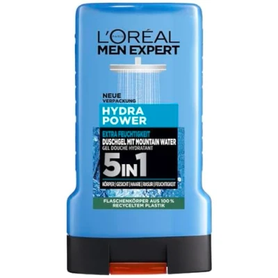Obrázek L&#039;Oréal Men Expert sprchový gel a šampon pro muže, k čištění těla, vlasů obličeje, pánská péče o tělo hydratovanou pokožku s Mountain Water, Hydra Power, 1 x 250 ml