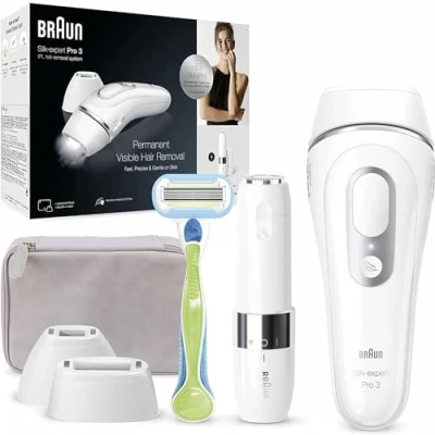 Obrázek Braun IPL Silk Expert Pro 3, dámský přístroj na odstraňování chloupků, 2 nástavce, viditelné odstranění navrženo v Německu, odstraňovač chloupků obličeji, alternativa k laserovému
