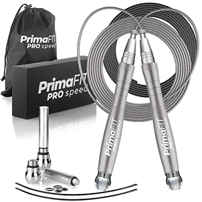 Obrázek PrimaFIT Springseil Erwachsene Fitness Pro Speed Jump Rope 3m Seilspringen Verstellbar Mit Gewichten, 2 Kugellager &amp; Anti Rutsch Griffe, Profi Skipping Für Boxen, MMA, Crossfit, Extra Stahlseil,Tasche