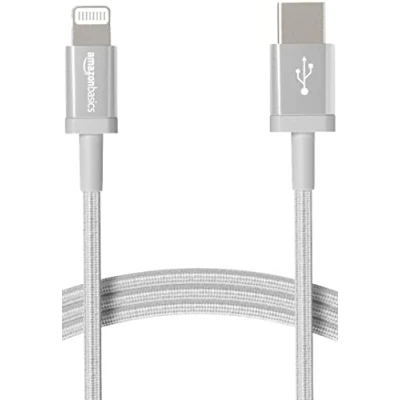 Obrázek Amazon Basics USB C na Lightning, pletený nylon, nabíjecí kabel certifikovaný MFi pro iPhone 13/12/11/X/XS/XR/8, stříbrný, 1. 8 m