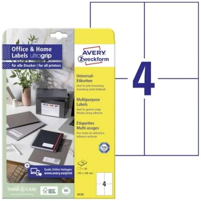Obrázek AVERY Zweckform 6124 univerzální etikety (40 lepicích štítků, 105 x 148 mm na A4, potištěné adresní nálepky, samolepicí přepravní štítky s ultragripem, ideální pro HomeOffice) 10 listů, bílé