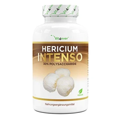 Obrázek Hericium Erinaceus Pilz 1300 mg v denní dávce 180 kapslí Premium: 30% polysacharidy a 5% beta glucan laboratorně testováno vysoká dávka 100% extrakt z ježek treska houbový Vegan