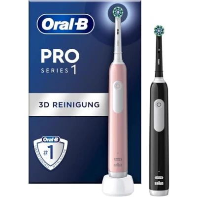Obrázek Oral B elektrický zubní kartáček pro Series 1, kartáček, dvojité balení, 2 nasazovací kartáčky, 3 režimy čištění a tlakový senzor péči o zuby, navrženo podle hnědé, růžová/černá