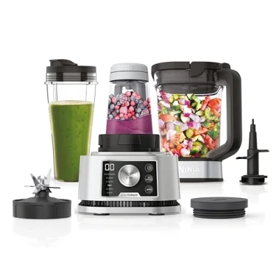 Obrázek Ninja Foodi 3 in 1 Power Nutri Mixer s nádobou (2,1 l), kelímkem (700 ml) a miskou (400 ml), 1200 W, motor Smart Torque technologie Auto iQ [CB350EU], stříbrná barva