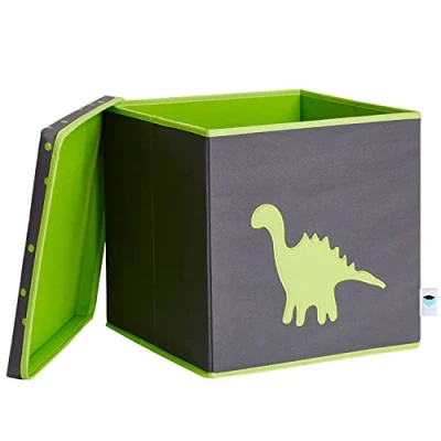 Obrázek LOVE IT STORE Úložný box s víkem Kallax vložka z látky čtvercová stabilní zesílená dřevo šedá se zeleným dinosaurem 33 x cm