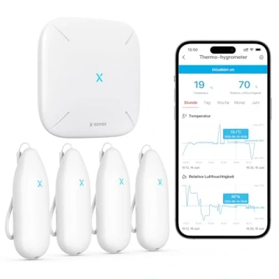 Obrázek X Sense WLAN vlhkoměr, teploměr uvnitř, monitorování teploty a vlhkosti přes aplikaci, dosah 500 m, bezplatný export dat, kompatibilní s Alexa, 4 senzory 1 základní stanicí SBS50