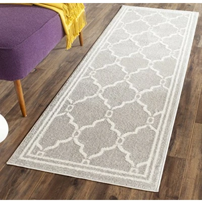 Obrázek SAFAVIEH Geometrický koberec do obývacího pokoje, jídelny, ložnice kolekce Amherst, krátká předsíň, světle šedá a slonovinová, 69 x 213 cm