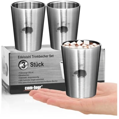 Obrázek com four® 3X pohárek na pití z ušlechtilé oceli pro děti termopohárek 250 ml 304 nerozbitný kempinkový dvoustěnný izolační hrnek bez BPA (gel 3 kusy)