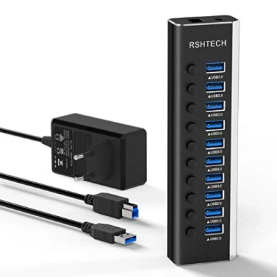 Obrázek RSHTECH USB hub aktivní 3. 0 s napájecím zdrojem 36 W (12 V/3 A), hliník 10 portů pro nabíjení a přenos dat, vícenásobné porty vypínačem LED, RSH A10