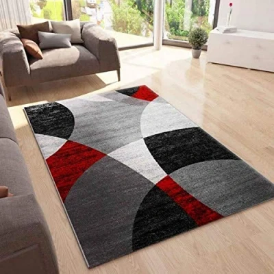 Obrázek VIMODA Koberec geometrický kruhový vzor melírovaný v šedé, bílé, černé a červené, rozměry: 80 x 250 cm