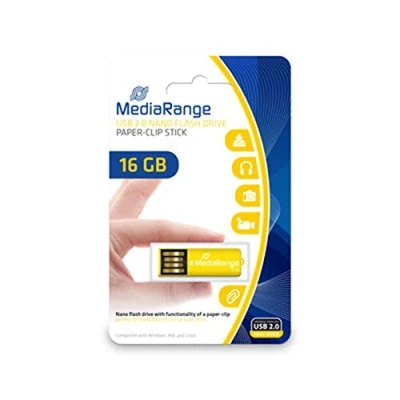 Obrázek MediaRange USB 2.0 paměťová karta 16 GB nano flash disk Mini s funkcí kancelářské spony, externí rozšíření paměti rychlostí čtení až 14 MB/s, barva žlutá