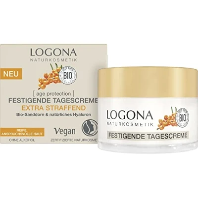 Obrázek LOGONA Naturkosmetik Anti Aging pleťový krém pro zralou pleť, zpevňující denní s veganskou recepturou, bio rakytníkem a hyaluronem, age protection, 50 ml
