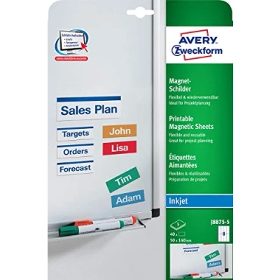 Obrázek AVERY Zweckform J8875 5 magnetická tabule (40 magnetů, 50 x 140 mm na DIN A4, speciální povrchová úprava, potištěná, přilnavost např. bílé tabuli a kovové tabule, inkoustové tiskárny) listů, bílá