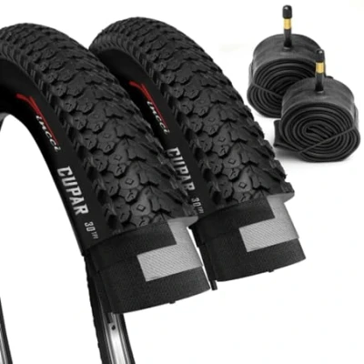 Obrázek Fincci Sada pár pneumatik na jízdní kolo 26 x 2,125 palců plášť 57 559 skládací pneumatiky 30 TPI Cupar s 2X autoventil hadicemi pro MTB, Mountain Hybrid balení 2 ks