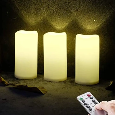 Obrázek NONNO&amp;ZGF 3 venkovní kusy LED vodotěsné svíčky, plastová svíčka na baterie s funkcí dálkového ovládání/časovače (teplé bílé světlo) 7,5 cm x 15