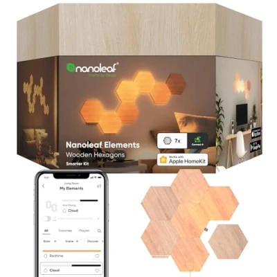 Obrázek Nanoleaf Elements Hexagon Starter Kit, 7 chytrých LED panelů se vzhledem dřeva modulární stmívatelné Wi Fi nástěnné svítidlo uvnitř, synchronizace hudby, funguje s Alexa Google Apple, dekorace