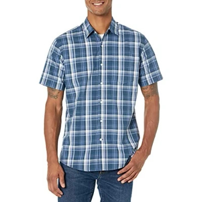 Obrázek Amazon Essentials Herren Kurzärmeliges Hemd aus Popeline, Normale Passform, Marineblau Mittlere Karo, XXL