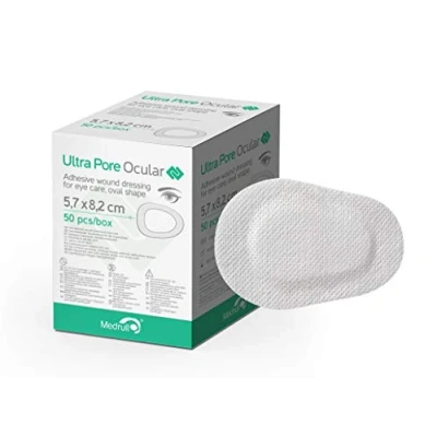 Obrázek Medrull Steril Ultra Pore Ocular oční komprese samolepicí 50 ks 5,7 x 8,2 cm Náplast na oči pro děti a dospělé, obklad rány, ideální po operaci očí