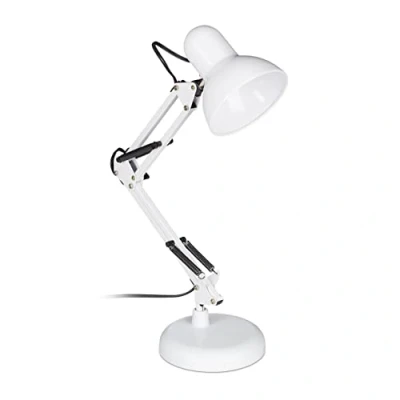 Obrázek Relaxdays Retro lampa na psací stůl, kloubové rameno, otočná, kancelářská lampička čtení, kov, E27, V x Š H: 50 27 15 cm, bílá
