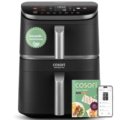 Obrázek COSORI Turbo Tower Pro Smart, s připojením k Wi Fi, 10,8l Double Stack horkovzdušná fritéza DualBlaze, keramický povrch, stříbrošedá
