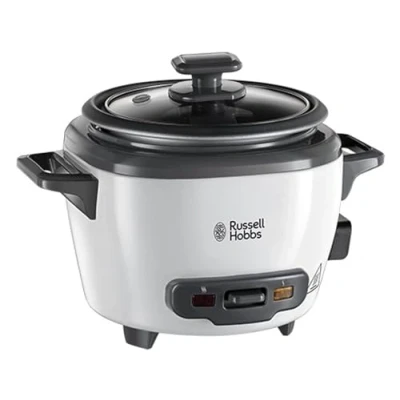 Obrázek Russell Hobbs Reiskocher mini [small] 0,4l (Warmhaltefunktion, antihaftbeschichteter Gartopf, Reislöffel &amp; Messbecher, ideal auch für Quinoa Couscous, Reiswärmer) 27020 56, ‎Weiß/Schwarz