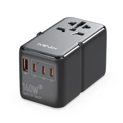 Obrázek MINIX Universal Reiseadapter, 140 W GaN III, internationaler Netzadapter, 3 USB C 2 A Anschlüsse, AC Steckdose, weltweites Reise Ladegerät für Laptops, Tablets, Handys und mehr