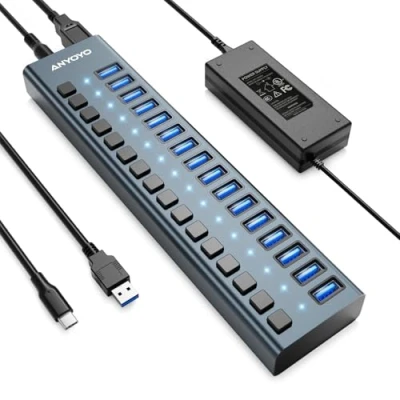 Obrázek USB rozbočovač 3.1 s 90W síťovým zdrojem, 16 portů 3,1 hliníkový hub aktivní 3. 1 12 V/7,5 A napájecí zdroj napájecím zdrojem pro laptop, PC, počítač, mobilní HDD, Flash