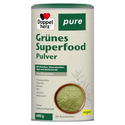 Obrázek Doppelherz Čistě zelený prášek Superfood U.a. s Ashwagandhou, matchou, pšeničnou trávou a OPC veganský bez sladidel 600 g