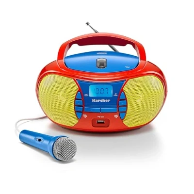 Obrázek Karcher RR 5026 Barevný Přenosné rádio CD dětský Boombox s přehrávačem, FM rádiem, USB a mikrofonem Baterie / AC napájení