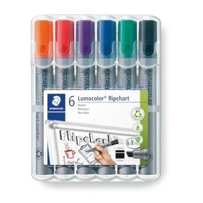 Obrázek STAEDTLER Flipchart Marker Lumocolor, klínový hrot cca 2,0 5,0 mm šířka linie, dlouhá životnost, plnitelný, bez zápachu, vysoká kvalita Made in Germany, sada se 6 barvami, 356 B WP6, 1 kus