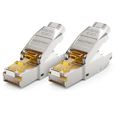 Obrázek deleyCON 2x CAT 8 síťová zástrčka RJ45 bez nářadí nádobí 40 Gbit/s pro tuhé instalační kabely Rohový kabel Konektor Ethernet LAN DSL patch