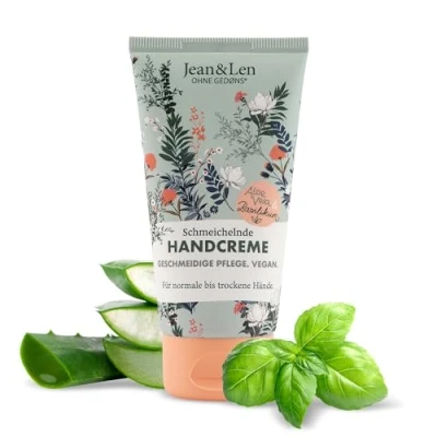Obrázek Jean &amp; Len lichotivý krém na ruce Aloe Vera a bazalka, péče o pro normální až suché ruce, intenzivně pečuje, bez parabenů silikonů, veganský, tuba 75 ml