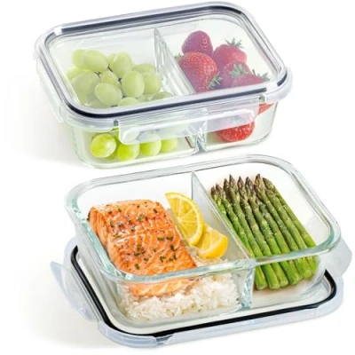 Obrázek Praknu Meal Prep boxy sklo 2 přihrádky 2dílná sada skleněných nádob na přípravu jídel 1 l vzduchotěsné vhodné do myčky nádobí, mikrovlnné trouby a
