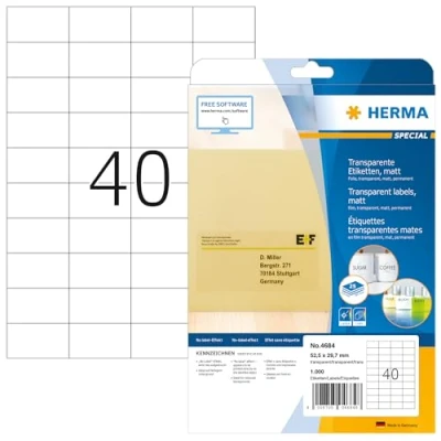 Obrázek HERMA 4684 fóliové etikety odolné proti povětrnostním vlivům, transparentní, 25 listů, 52,5 x 29,7 mm, 40 na arch A4, 1000 kusů, samolepicí, potisknutelné, matné, prázdné samolepicí etikety, nálepky z