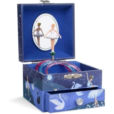 Obrázek Jewelkeeper Krabička na šperky pro dívky s hudbou a rotující baleríny vytahovací zásuvkou, třpytivý design labutí jezero melodie