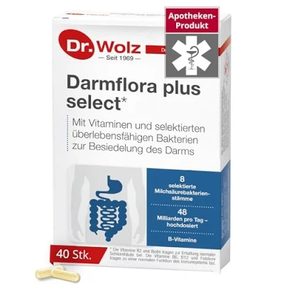 Obrázek Dr. Wolz Střevní mikroflóra plus select vysoce koncentrované bakteriální kultury 48 mld/den vitamín B6 a B12, podporuje zdravé sliznice 8 bakterií mléčného kvašení Vegan 40 kapslí