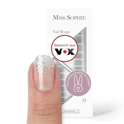 Obrázek Originální Miss Sophie fólie na nehty Diamond Dust I 24 ultra tenkých proužků s barevnými přechodovými třpytkami, stříbrné rukou a nohou Drží přírodních lakovaných,