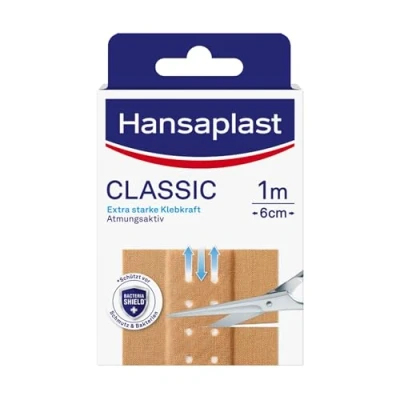 Obrázek Hansaplast Klasická náplast (1 m x 6 cm), na rány s extra silnou přilnavostí a Bacteria Shield, pružný prodyšný obvaz