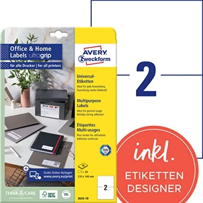 Obrázek AVERY Zweckform 3655 10 univerzální etikety (20 nálepek na adresu, 210 x 148 mm A4, tištěné přepravní štítky, samolepicí štítky s ultragripem, DHL, pro HomeOffice) listů, bílé