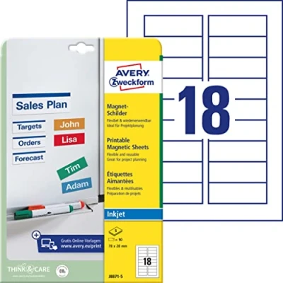 Obrázek AVERY Zweckform J8871 5 magnetická tabule (90 magnetů, 78 x 28 mm na DIN A4, speciální povrchová úprava, potištěná, přilnavost např. bílé tabuli a kovové tabule, inkoustové tiskárny) listů, bílá