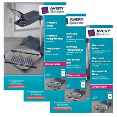 Obrázek AVERY Zweckform 3559 Overhead fólie pro barevné laserové tiskárny (50 transparentních fólií, A4, speciální povrchová úprava, stohovatelné, odnímatelné senzorové proužky na krátké straně, tloušťka