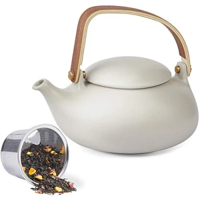 Obrázek ZENS Vintage Teekanne mit Siebeinsatz, 800ml Matte Grau Japanische Keramik Holzgriff, Klein Asiatische für Losen Tee, Weißer Schwarz Tee Steeper, Geschenke Teeliebhaber