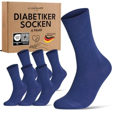 Obrázek diabetické ponožky bez gumového pásku &amp; švu 97% bavlna (6 párů), s komfortním pasem pro dámy a pány, modrá