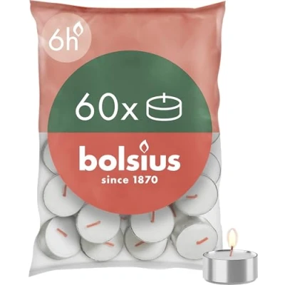 Obrázek Bolsius D light čajové svíčky 60 kusů v sáčku délka hoření 6 hodin dekorativní do domácnosti bílé obsahuje přírodní rostlinný vosk bez palmového oleje