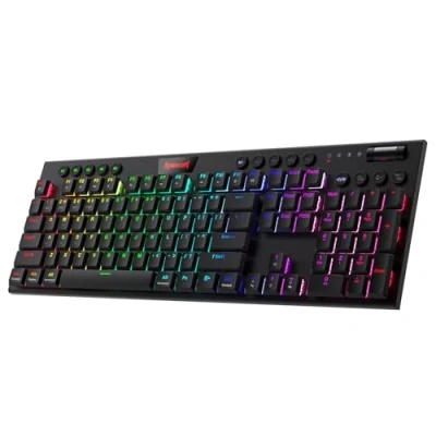 Obrázek Redragon K618 Horus mechanická RGB klávesnice, Bluetooth/2,4 GHz / drátová tri Mode plochá klávesnice herní s bezdrátovým připojením, vyhrazené ovládání médií a lineární červený spínač