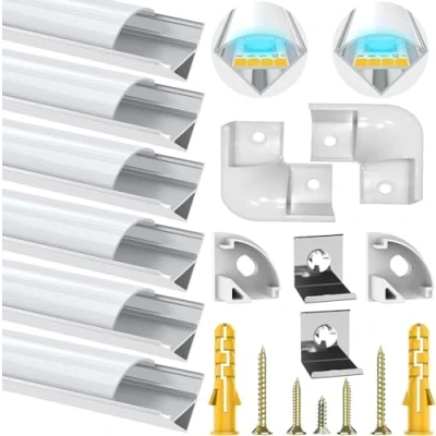 Obrázek Chesbung LED hliníkový profil pro pásky, 6 x 1 m ve tvaru V hliníkové profily LED, lišta kanál s mléčně bílým krytem, difuzér rohy 45 stupňů