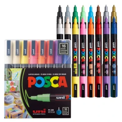 Obrázek POSCA uni ball 186516 zvýrazňovač s jemným kulatým hrotem, sada 16 ks, základní barvy