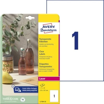 Obrázek Avery Účel L7784 25 Průhledné štítky (25 lepicích štítků, 210x297mm na A4, samolepky pro tisk, samolepicí, odolné proti povětrnostním vlivům, štítků / produktů) listů, transparentní