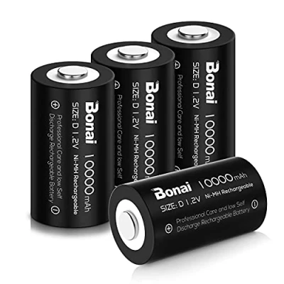 Obrázek BONAI Dobíjecí baterie D 10000 mAh Mono Vysoká kapacita Accu NiMH 1,2 V články nabíjecí s nízkým samovybíjením a dlouhou životností (4 kusy)